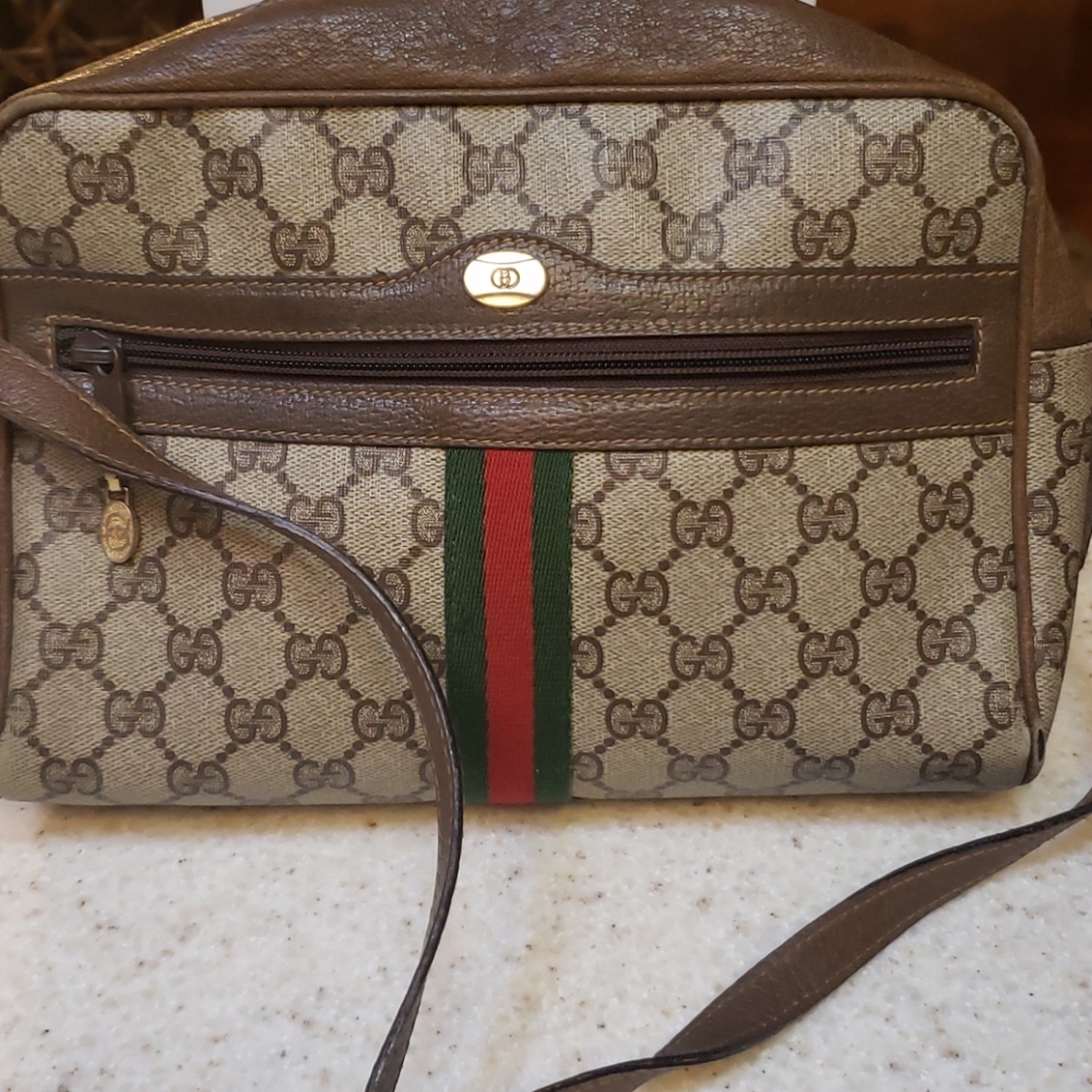 Gucci Brown Monogram Canvas Crossbody with Green and Red Web Stripe